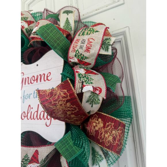 Gnome for the Holidays Christmas Wreath, Gnome Sign Green, Red, Gold Ribbons xxx - Picture 5 of 8